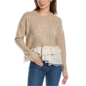 NWT Cinq a Sept Ruffle Hem Atlas Pullover Sweater in Oatmeal and Vanilla Medium